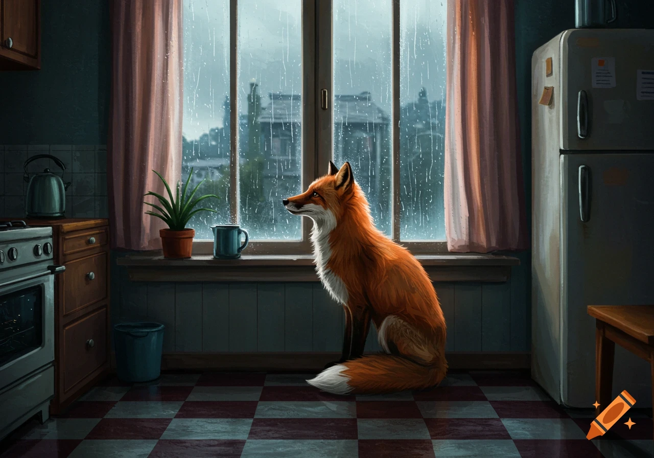A fox sits on a checkered floor in a kitchen, looking out a rainy window. Painterly style.