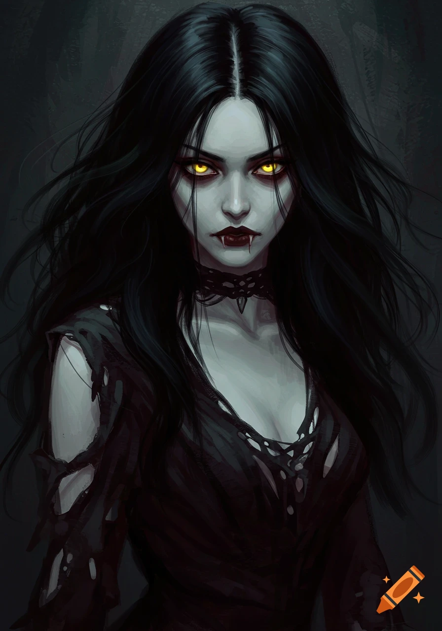 A dark fantasy portrait of a pale vampire with long black hair, piercing yellow eyes, and fangs, wearing a torn black dress.