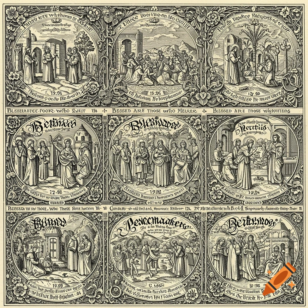 Black and white woodcut style drawing of multiple panels depicting religious scenes and text, with decorative borders.