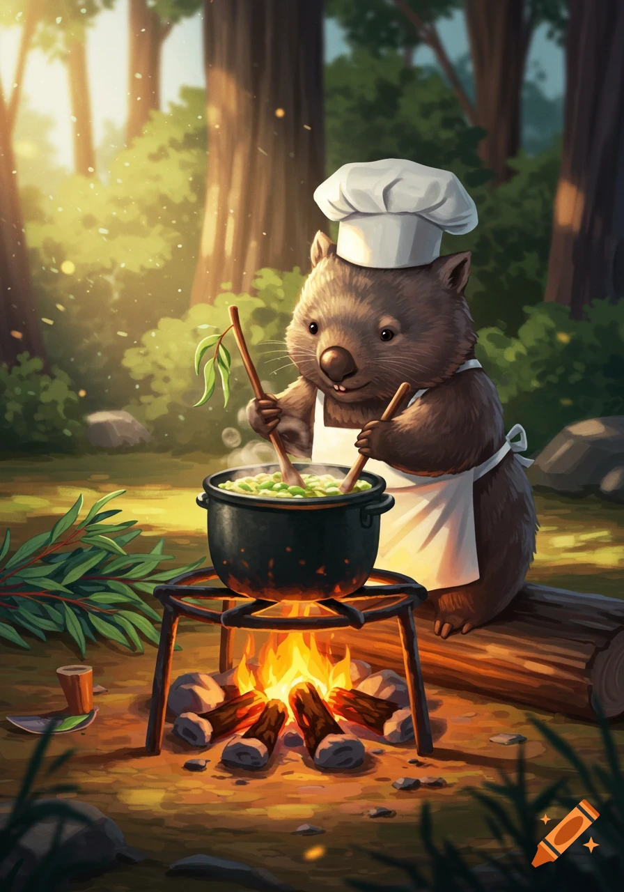 A cute wombat in a chef hat and apron stirs a pot cooking over a campfire in a forest, digital illustration.