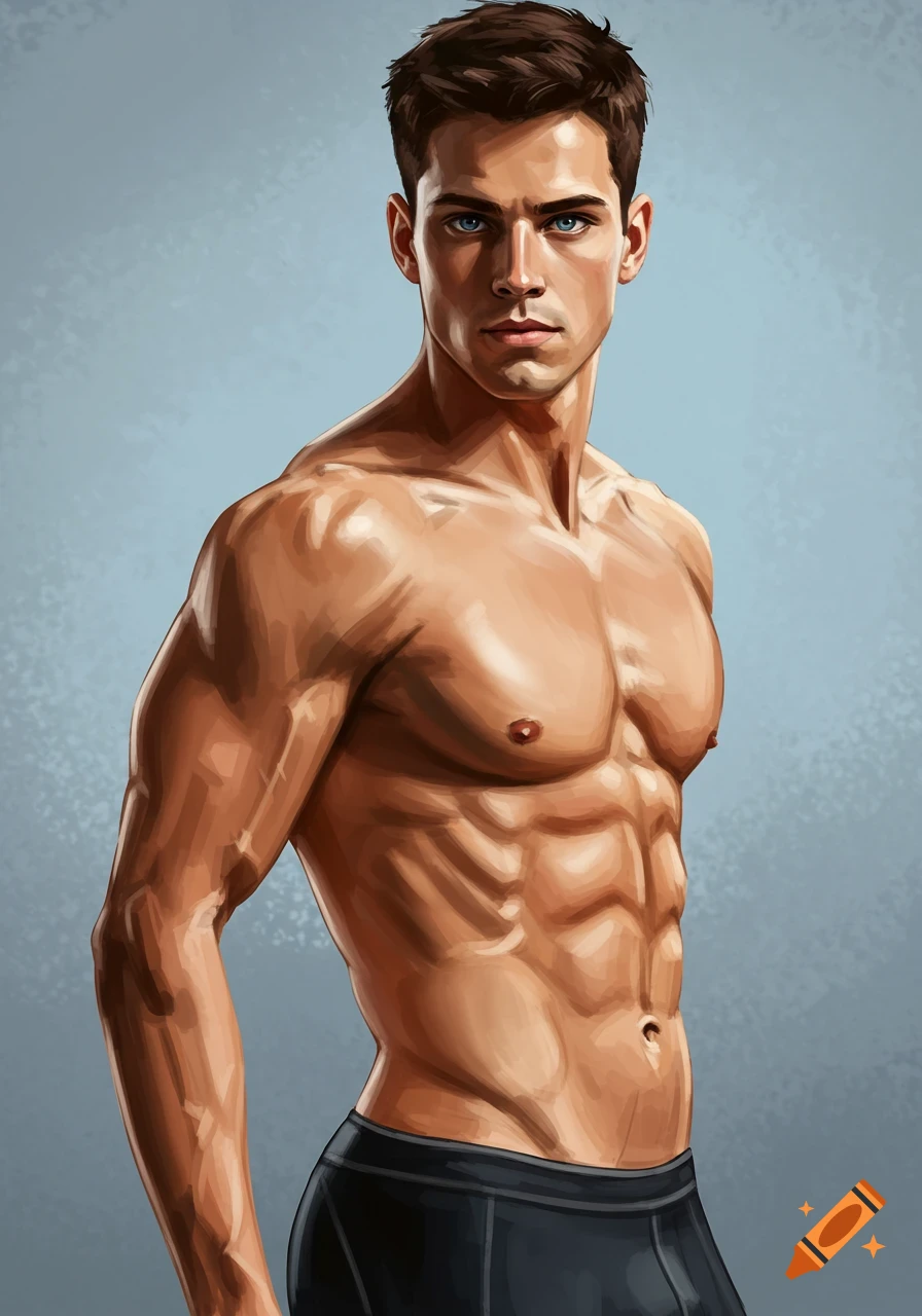 A painted portrait of a muscular man with blue eyes.