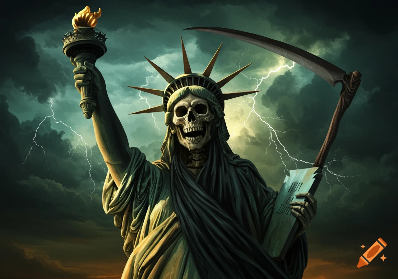 A dark fantasy digital painting of the Statue of Liberty as the Grim Reaper, holding a scythe and tablet under a stormy sky with lightning.
