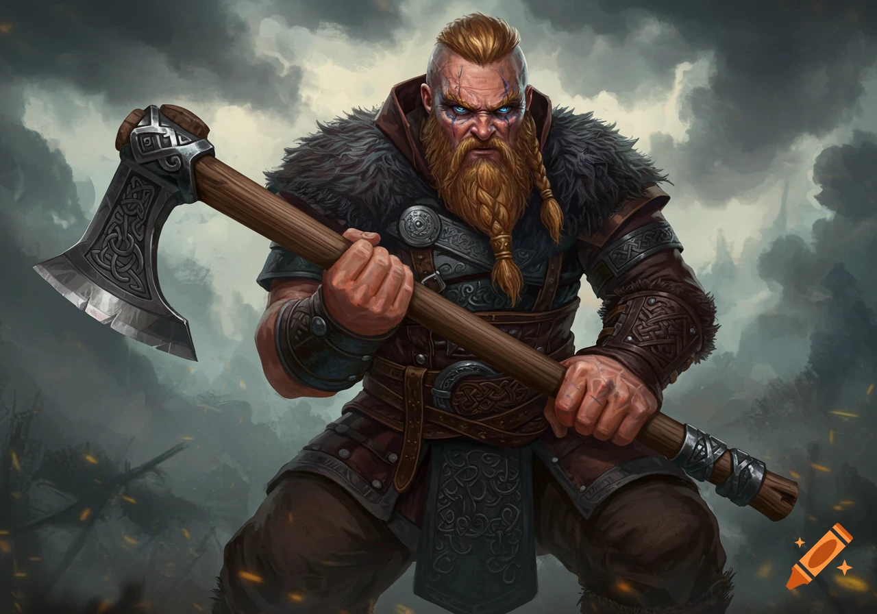 A powerful viking warrior with an axe stands ready.