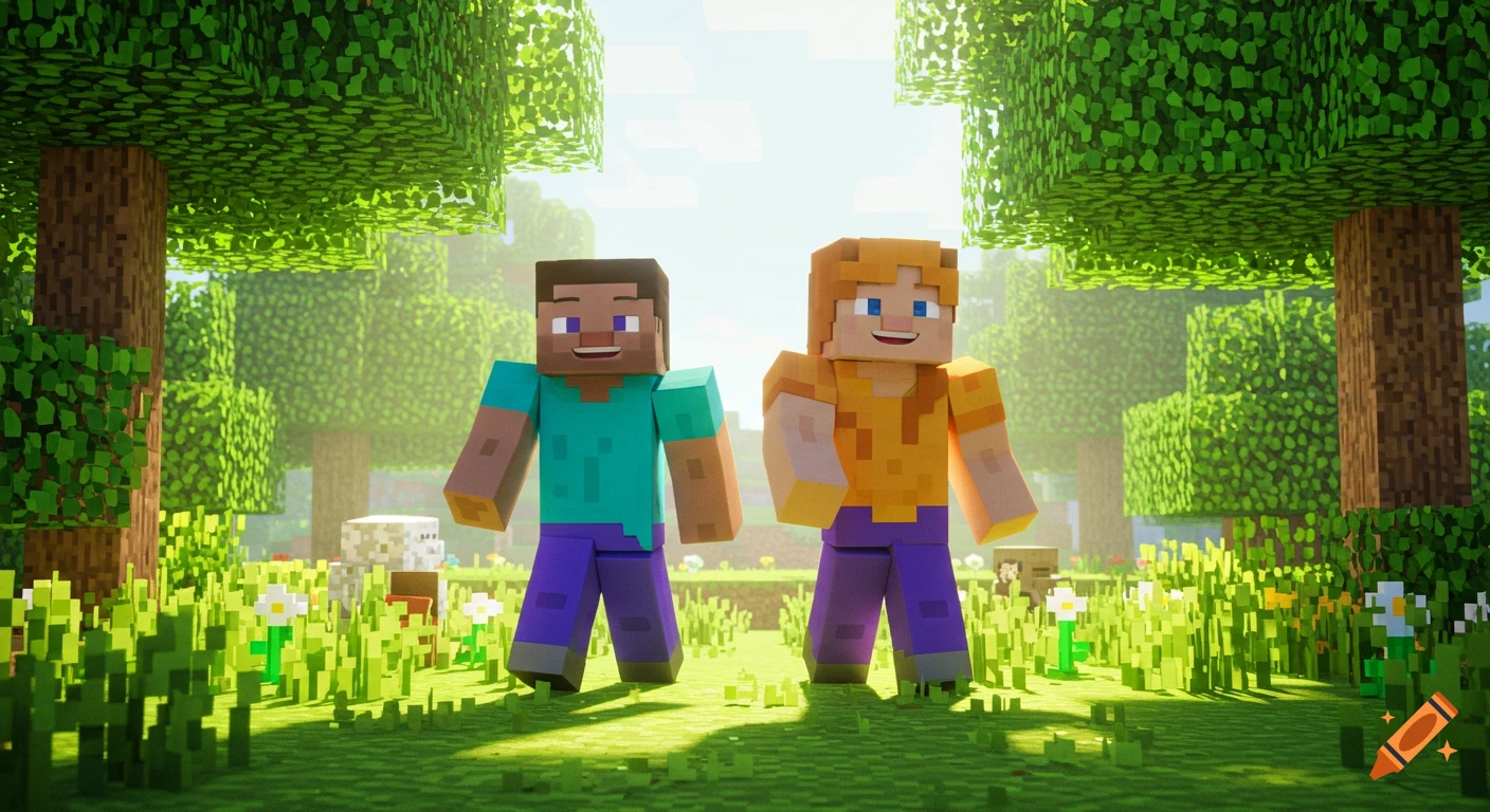 Minecraft characters Steve and Alex walk through a sunny forest. on Craiyon