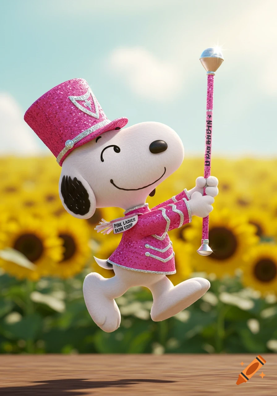 Snoopy cartoon character dressed as a majorette in a pink sparkly uniform holding a baton in a field of sunflowers.