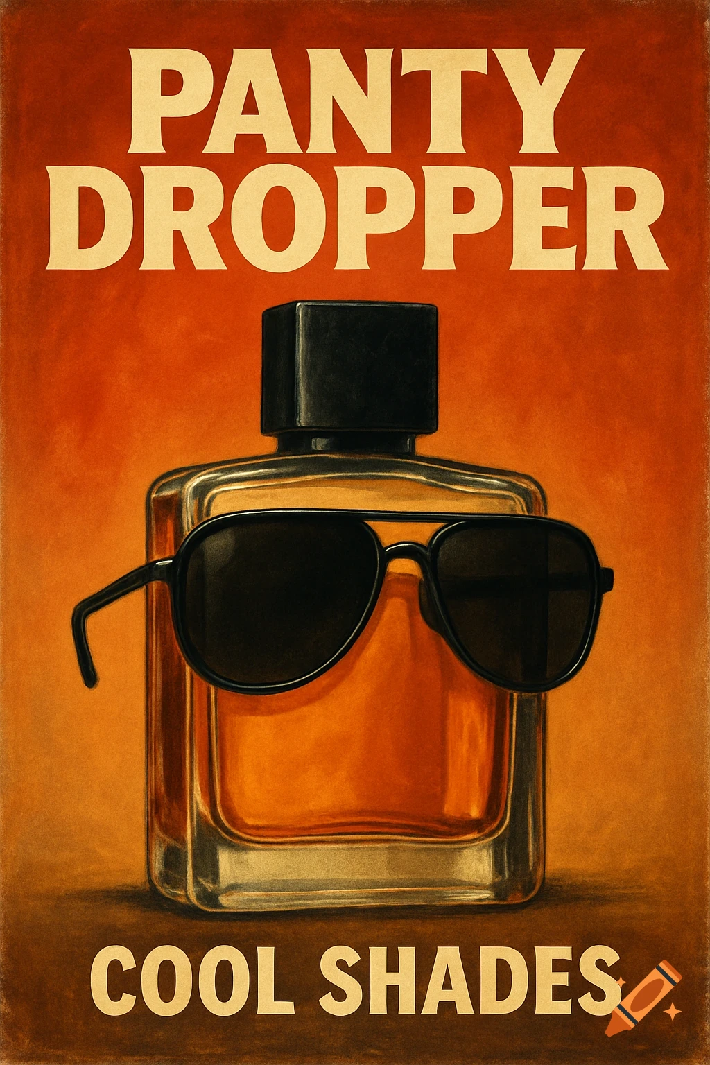 Vintage poster of a perfume bottle wearing sunglasses with text "PANTY DROPPER" and "COOL SHADES"