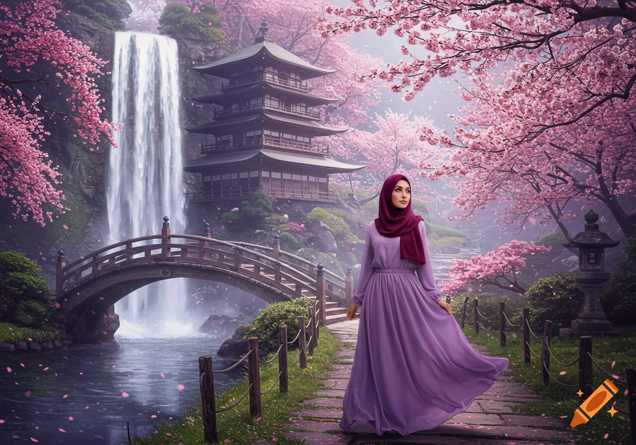 Woman in hijab and purple dress in a Japanese garden with cherry blossoms, waterfall, bridge, and pagoda.