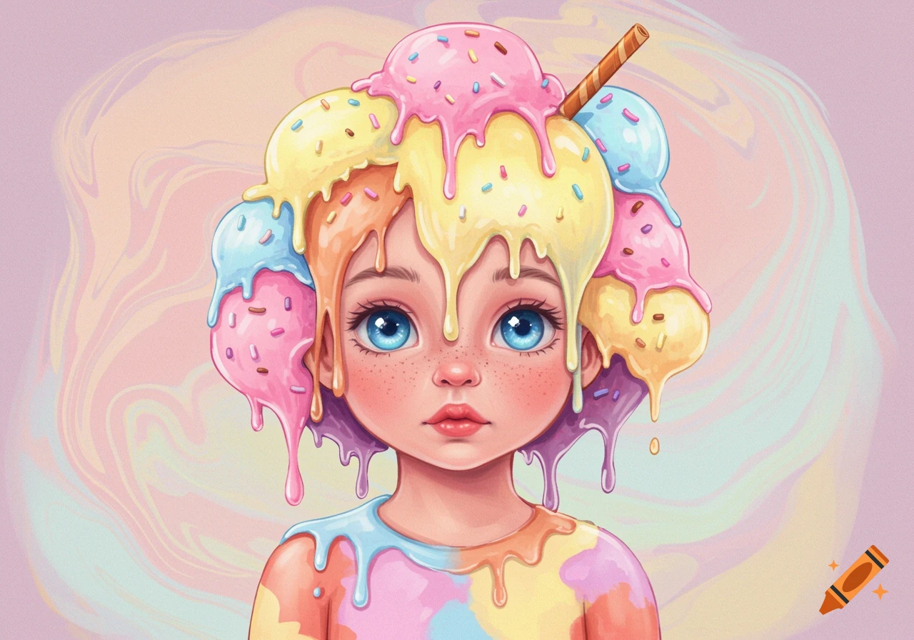 Illustration of a child with colorful melting ice cream and sprinkles covering their head like hair.