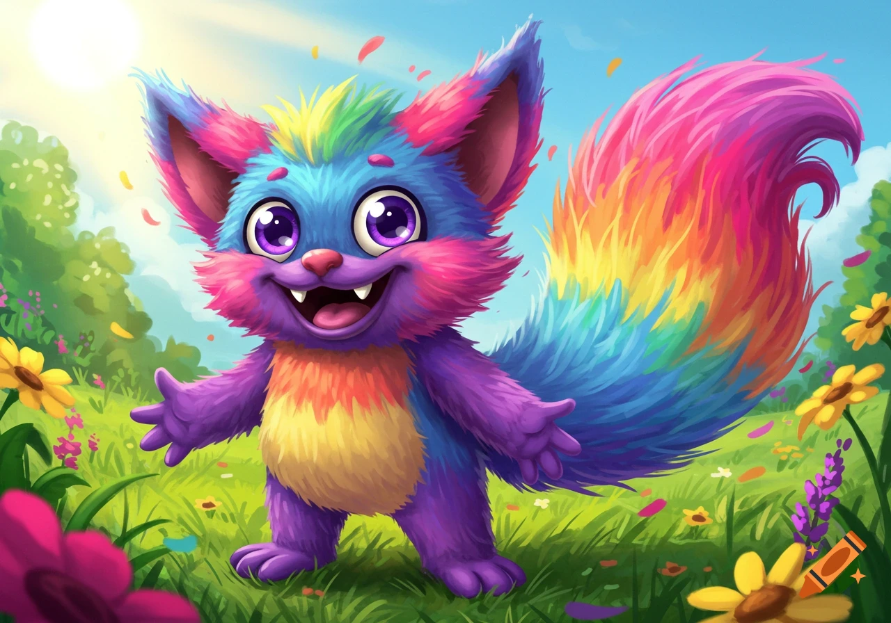 A cute, fluffy fantasy creature with rainbow fur stands in a sunny field with flowers.