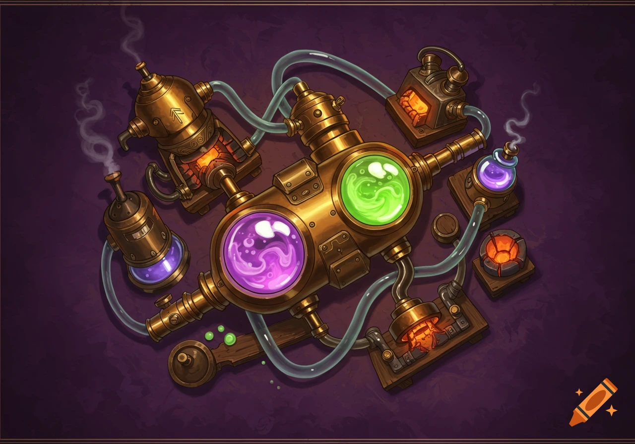 Top-down view of a fantasy alchemy setup with brass pipes, glass tubes, bubbling green and purple liquid, and small furnaces.