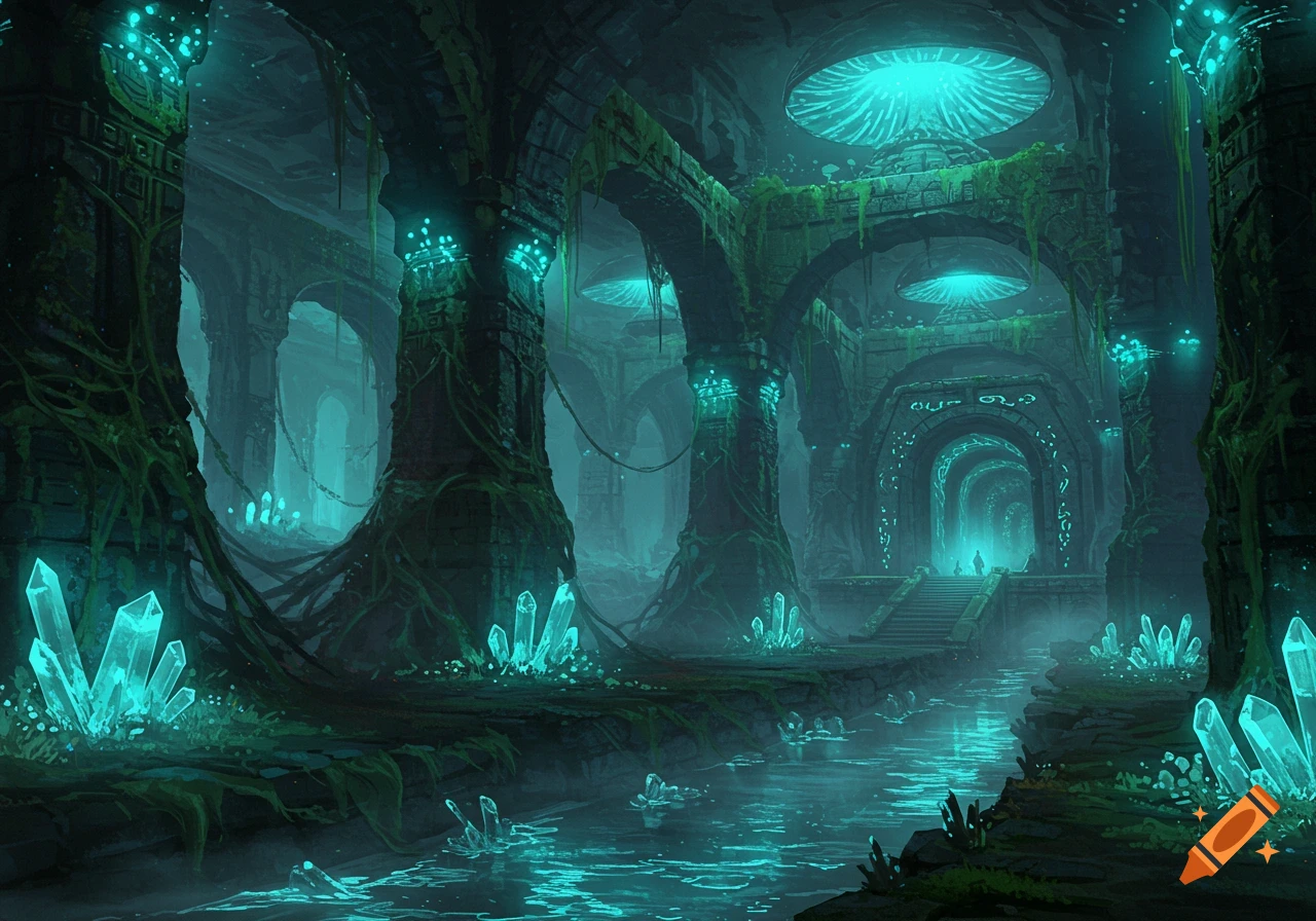 Glowing fantasy underground city with river, ancient ruins, and large crystals.