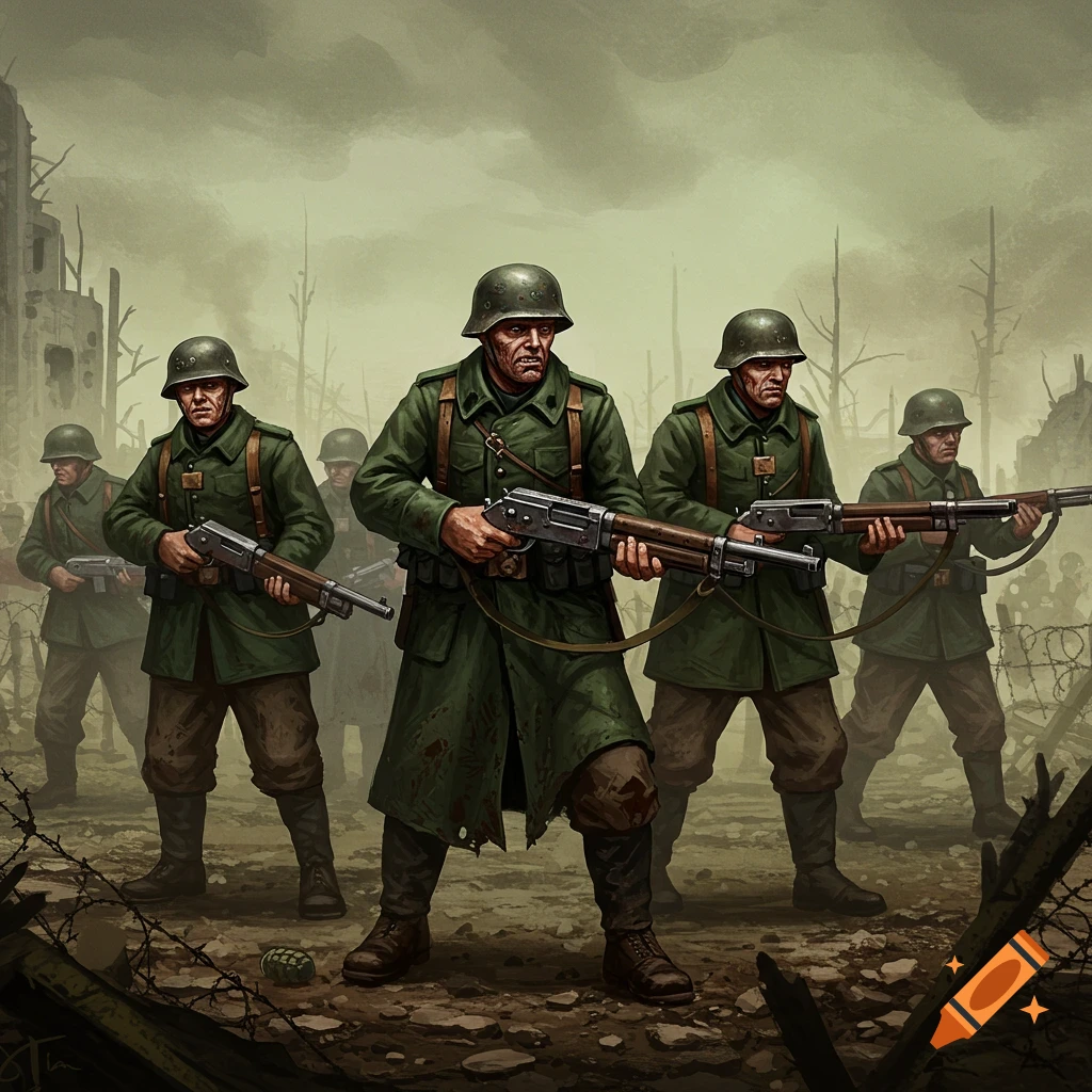 Grim-looking soldiers in green uniforms with rifles stand in a ruined, smoky battlefield.