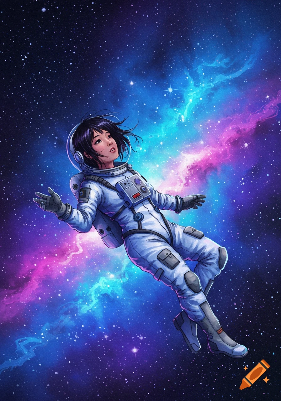 An illustration of a person in a space suit floating among stars and nebulas.