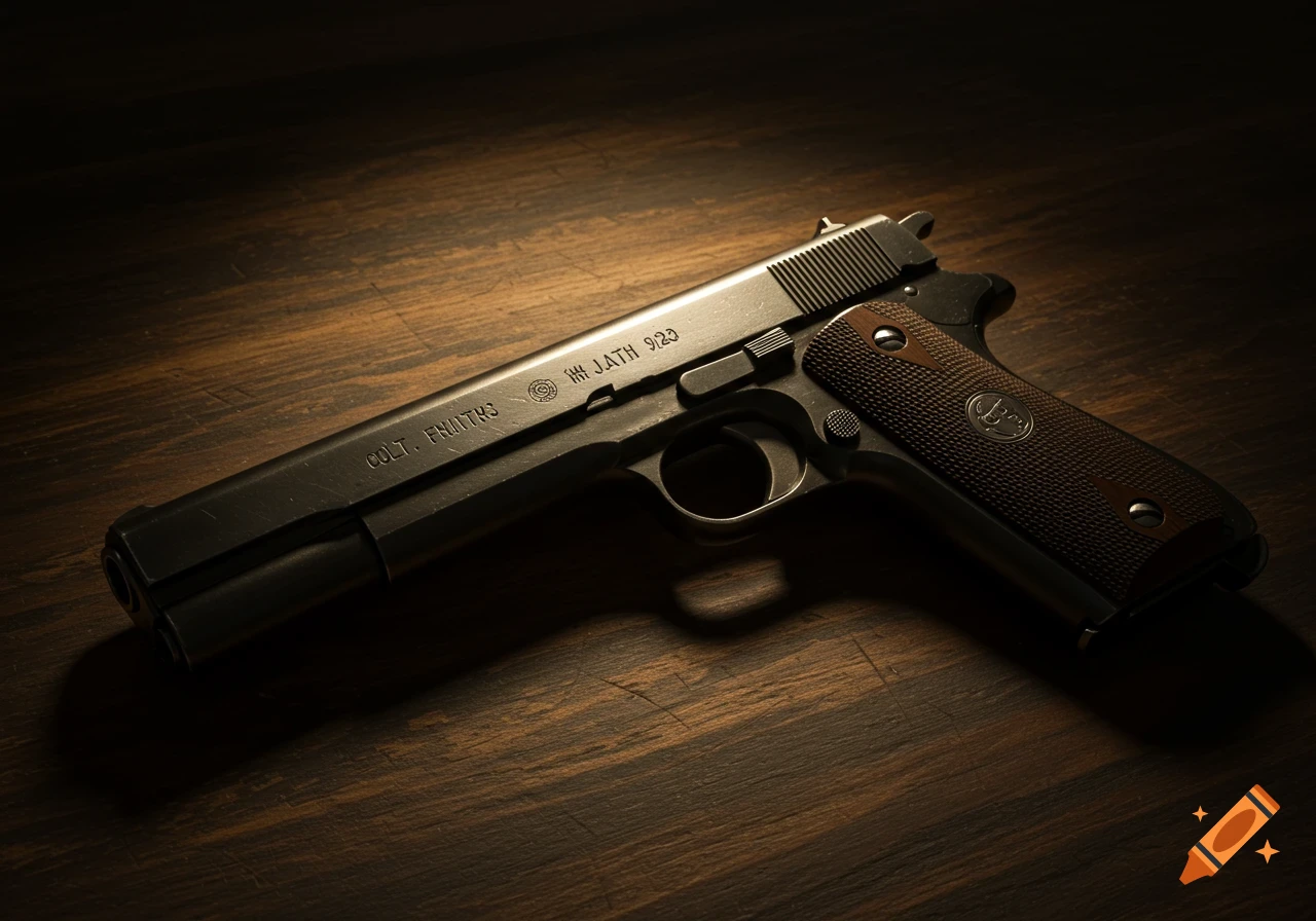 Photorealistic close-up of a pistol on a dark wooden surface