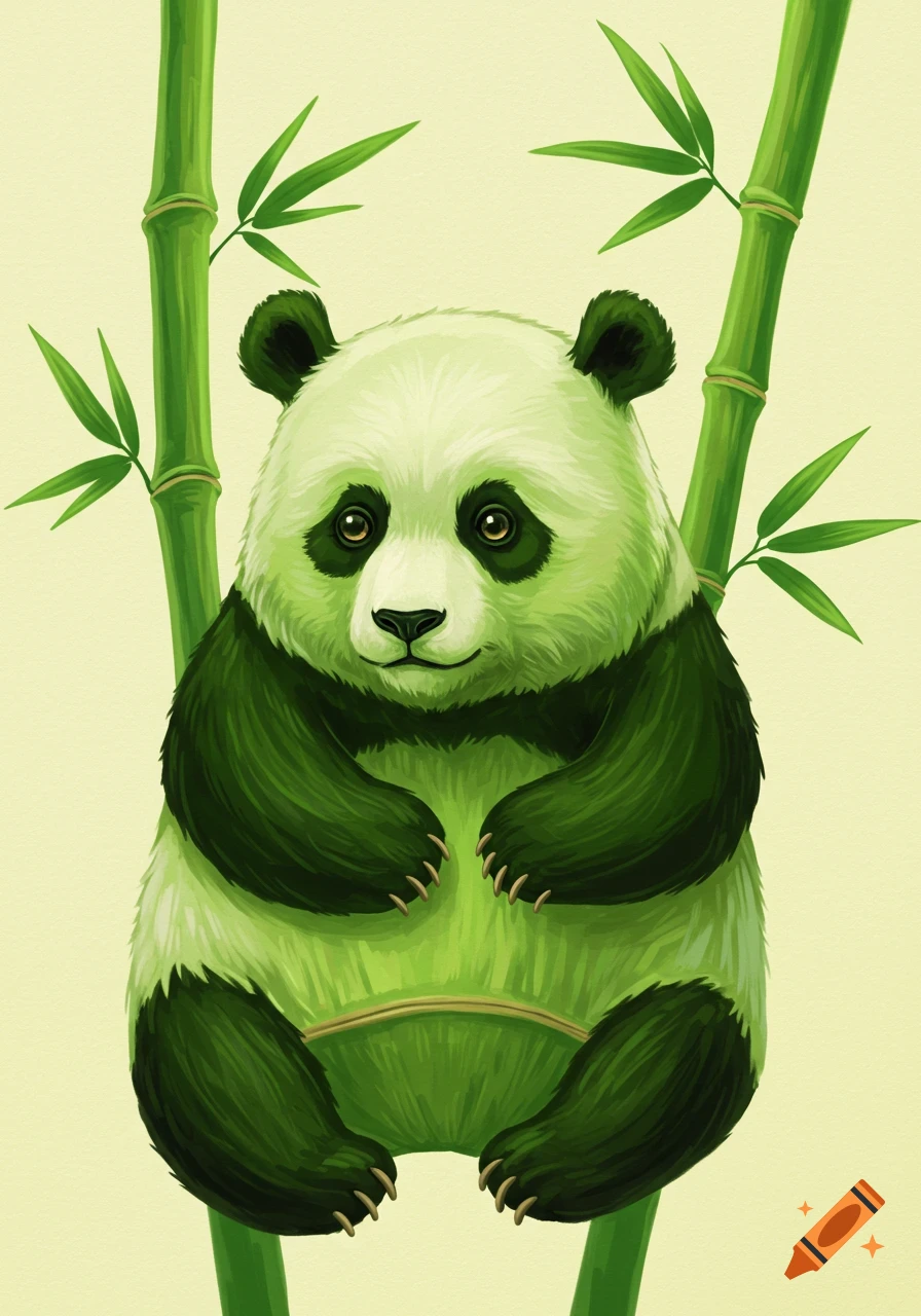 A green panda illustration sits between two large bamboo stalks on a light background.