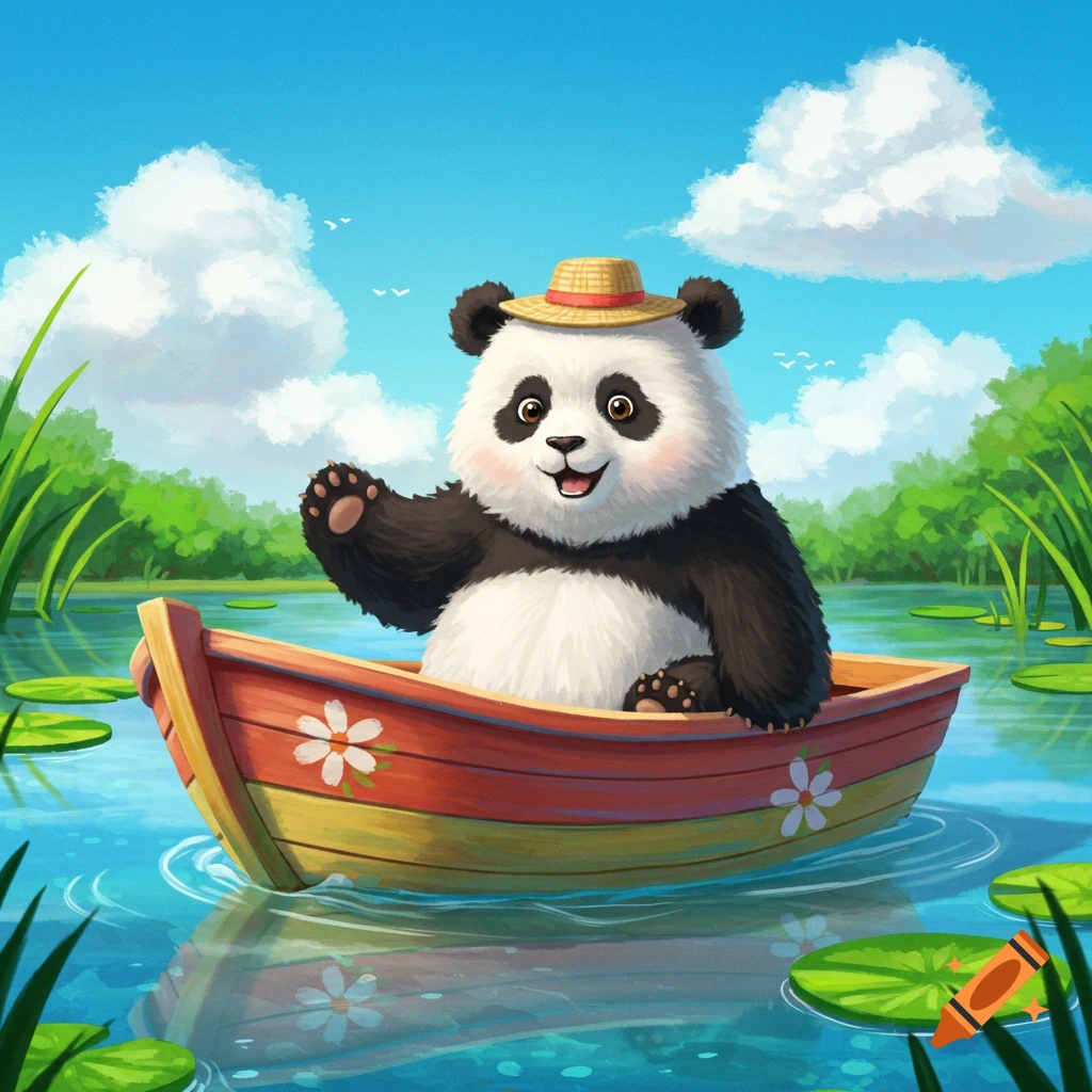 A cute cartoon panda wearing a straw hat sits in a boat on a lake with lily pads, waving.