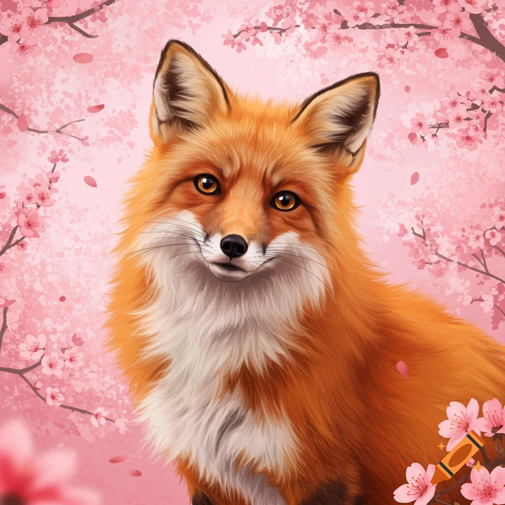 A red fox sits among pink cherry blossoms.