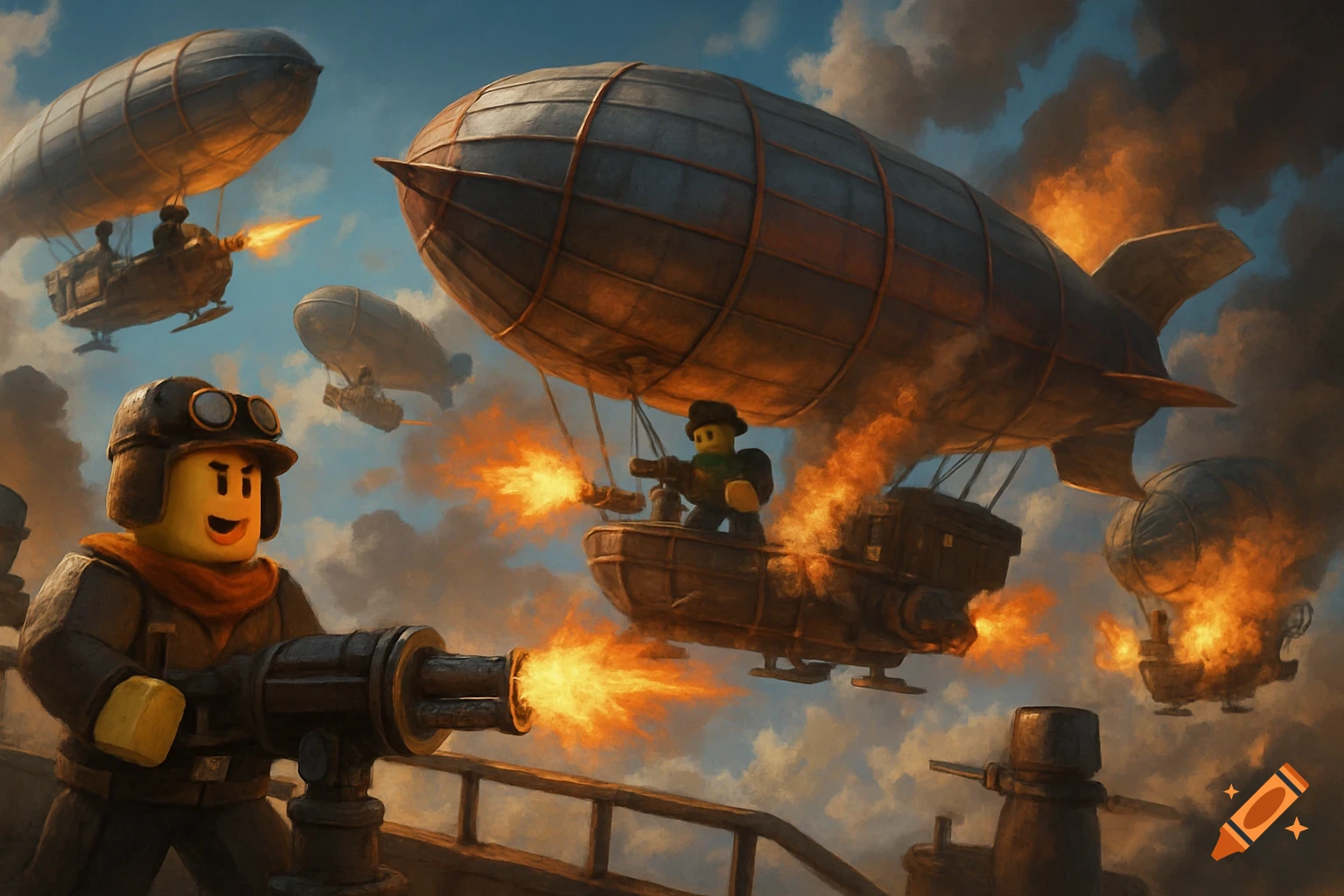 Stylized figures in steampunk airships battle in the sky, firing weapons.