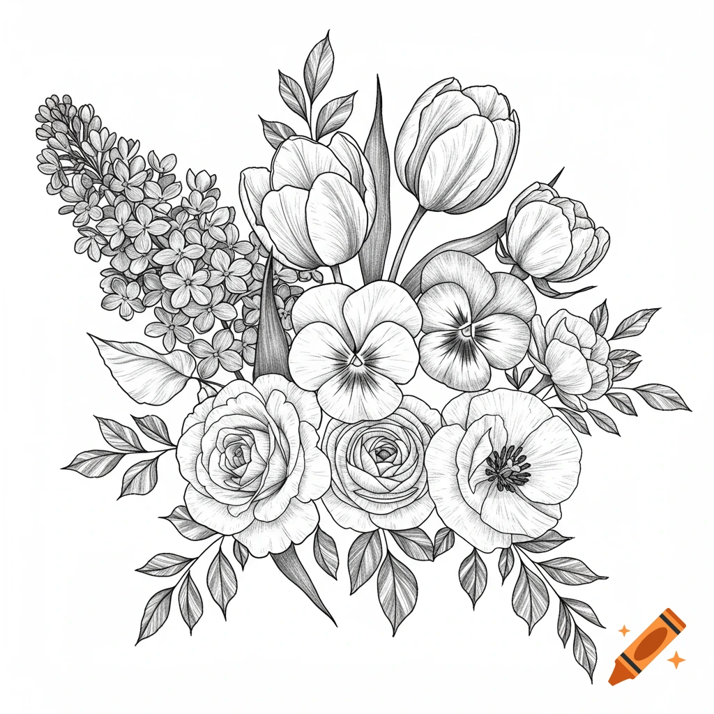 Black and white drawing of a bouquet of flowers including lilacs, tulips, roses, and pansies.