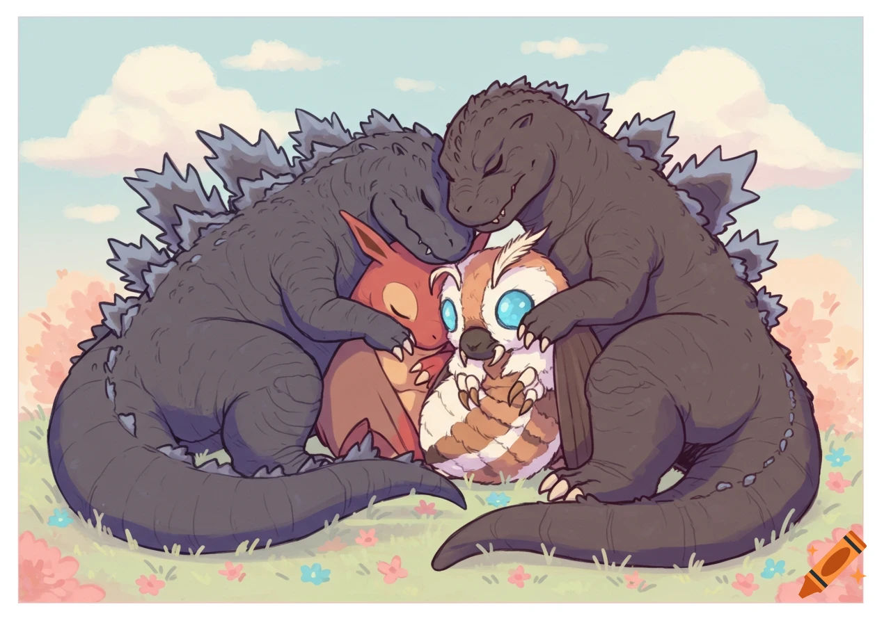 Godzilla, Rodan, and Mothra sleeping together in a field, in a cute cartoon style.