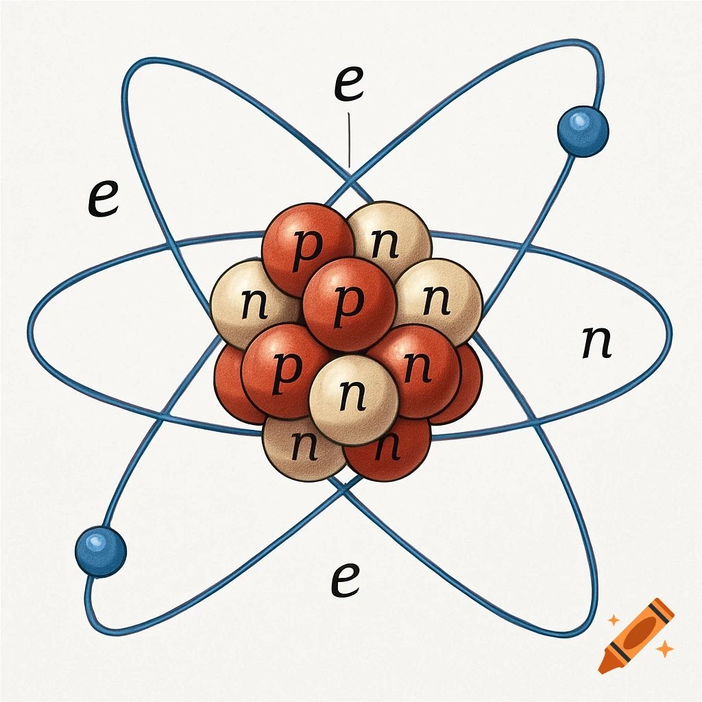 Diagram of an atom showing the nucleus with protons and neutrons, and electrons orbiting.
