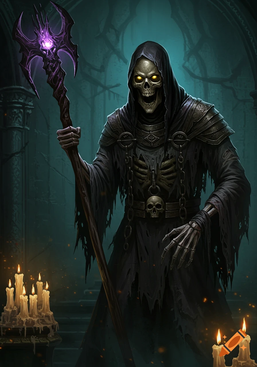 A skeletal figure in a dark hooded robe holds a glowing staff in a ...