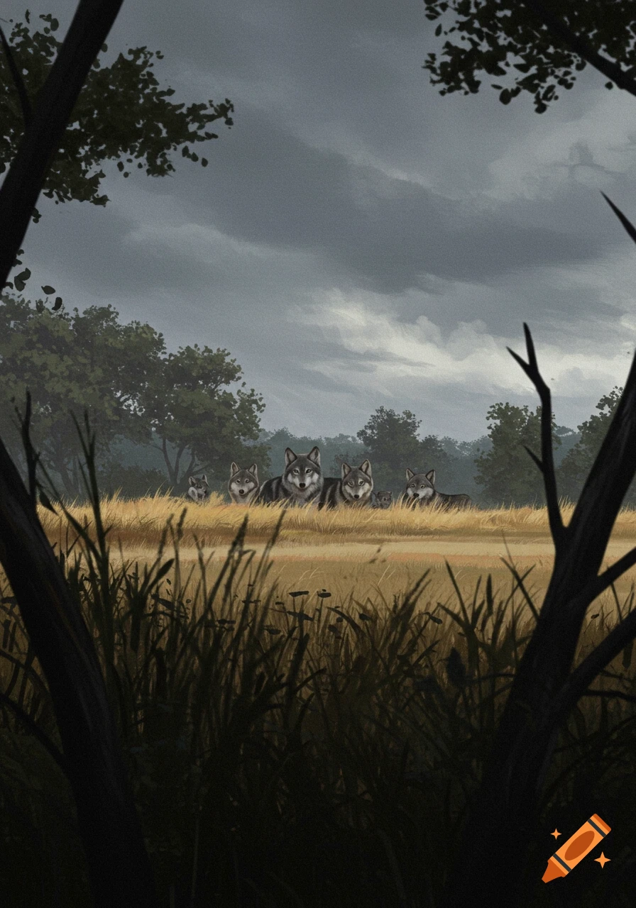 A pack of wolves stands in a grassy field under a dramatic cloudy sky.