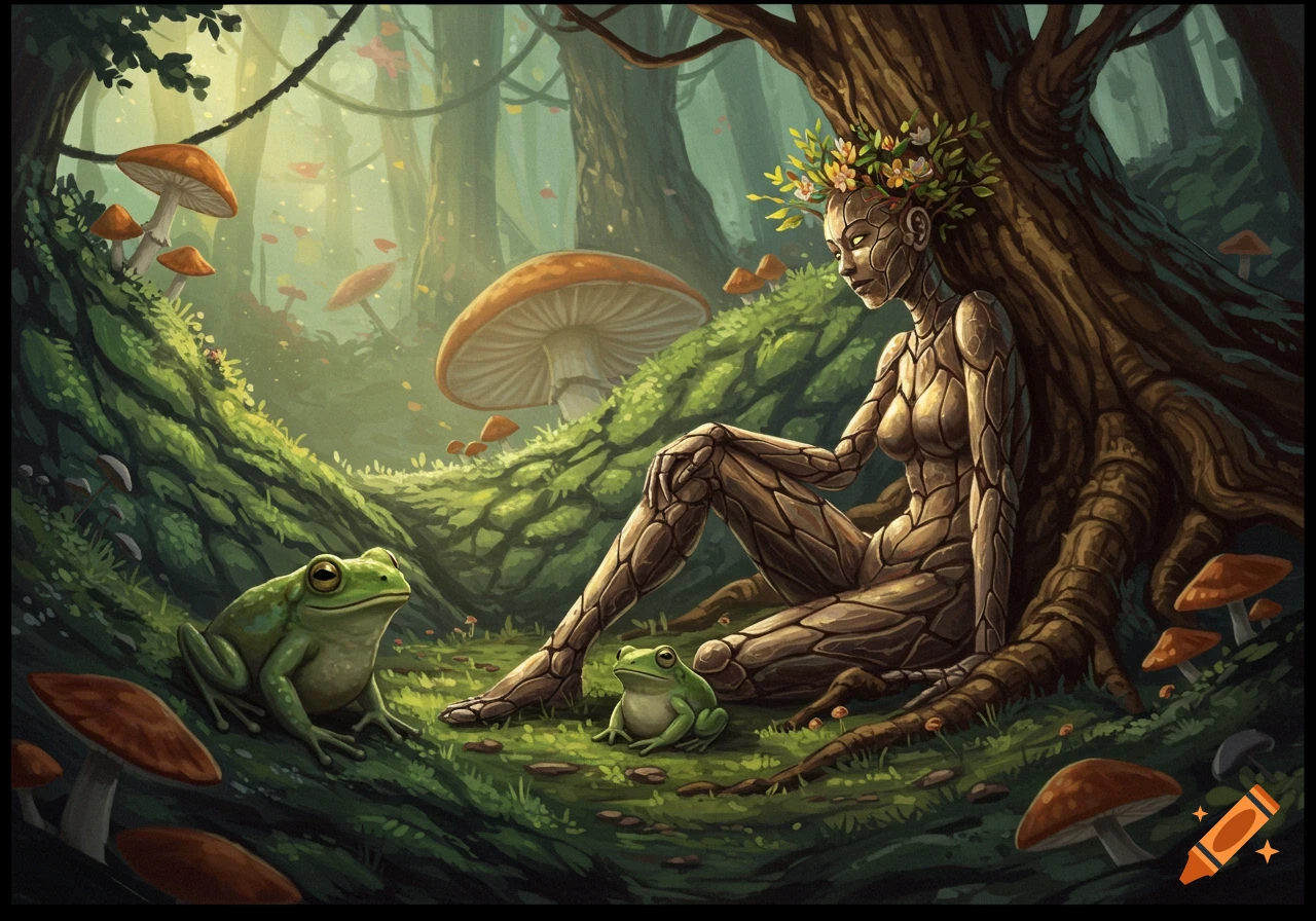 Fantasy illustration of a tree woman sitting with frogs and mushrooms in a forest.