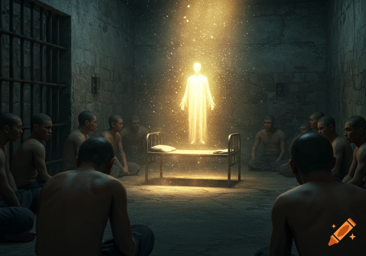 Men in a dark prison cell gaze at a glowing figure floating above a cot.