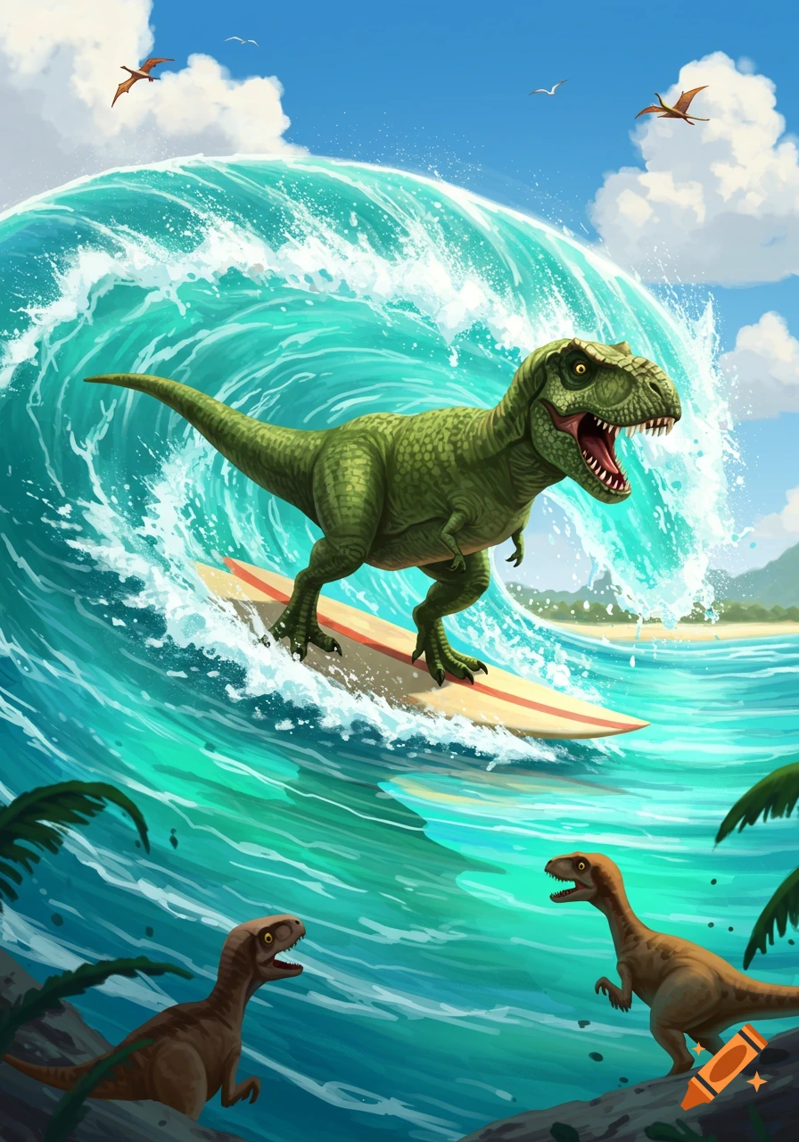 An illustration of a green T-Rex surfing a large blue wave on a yellow surfboard while smaller dinosaurs watch from the shore.