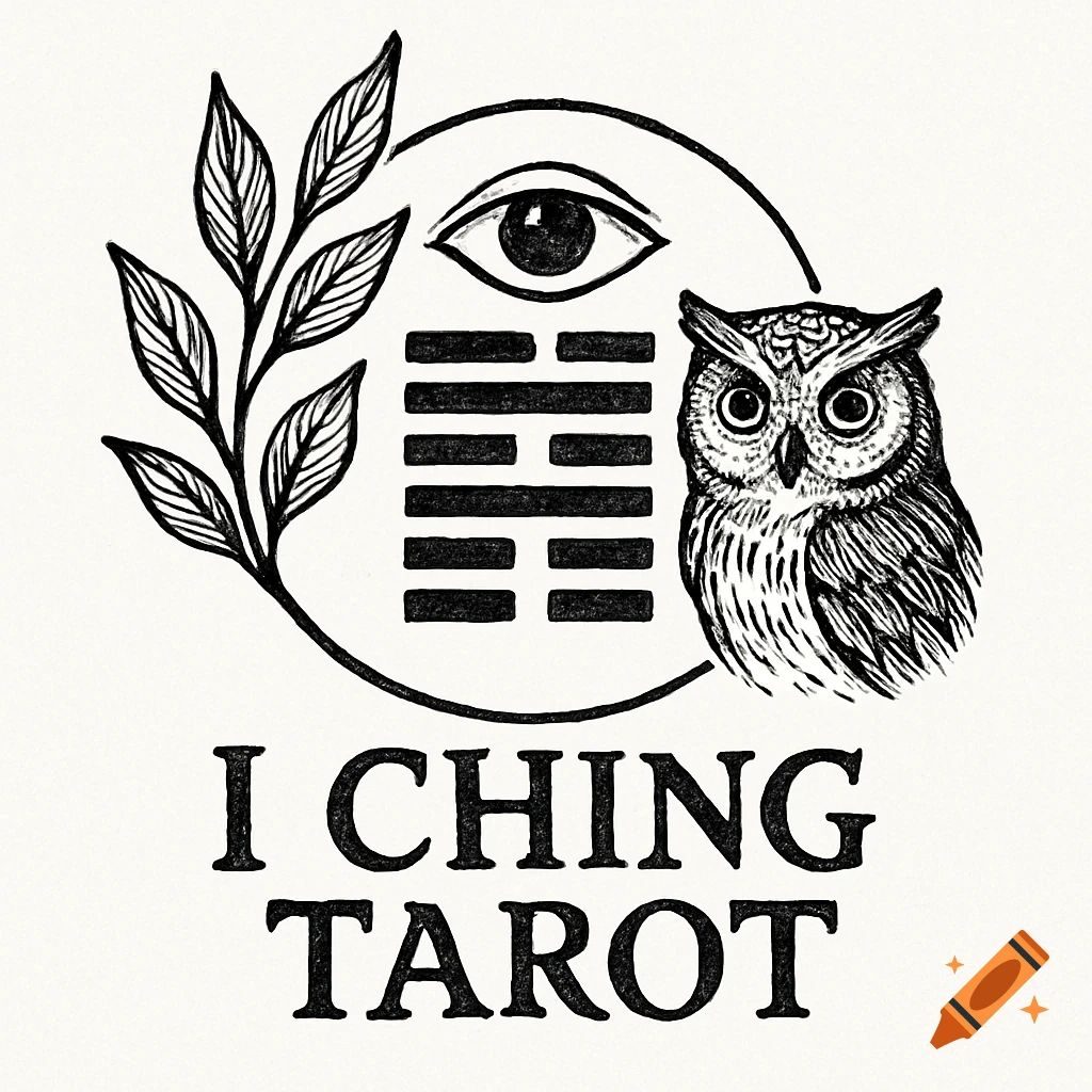 Ink drawing logo with an eye, a branch, an I Ching hexagram, an owl, and the text I CHING TAROT.