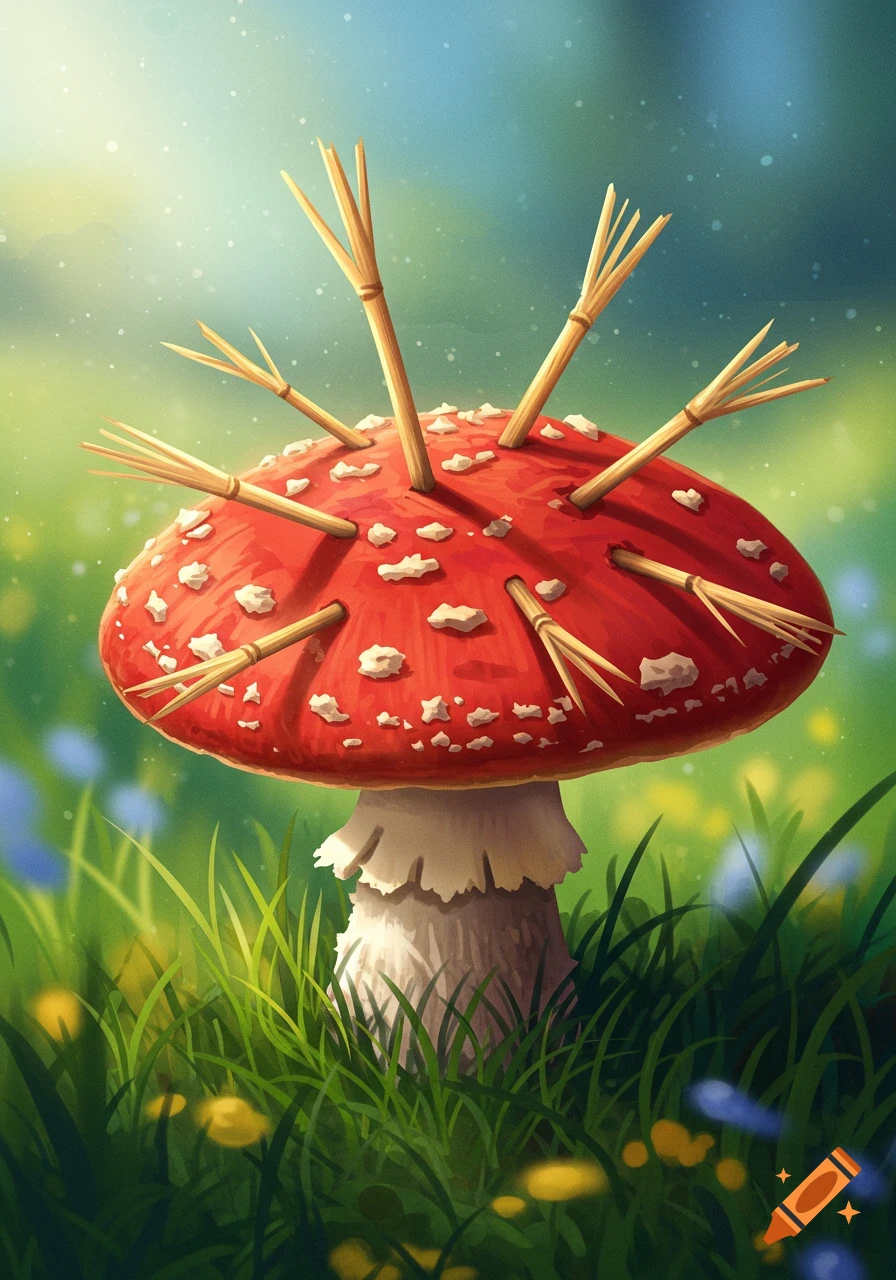 Illustration of a red mushroom with white spots and straws sticking out, in a grassy field.