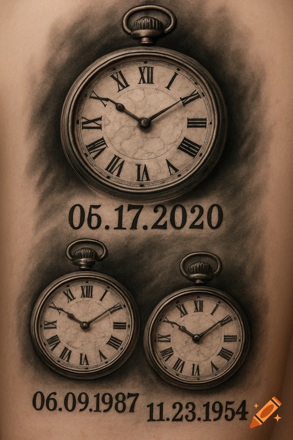 A sketch or tattoo design showing three pocket watches with dates below them: 05.17.2020, 06.09.1987, 11.23.1954.