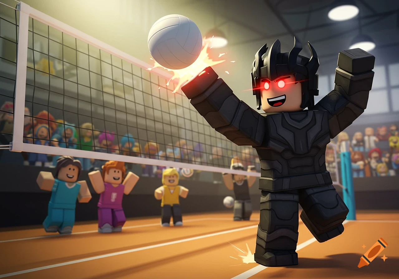 A Roblox character in black armor spikes a volleyball over the net during a game.