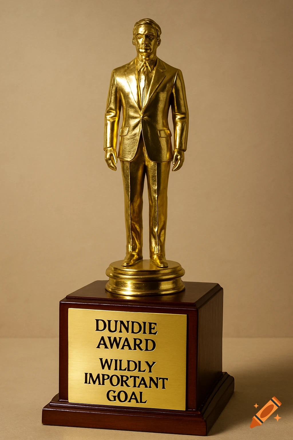 Photorealistic image of a golden trophy on a wooden base with a plate reading 'DUNDIE AWARD WILDLY IMPORTANT GOAL'