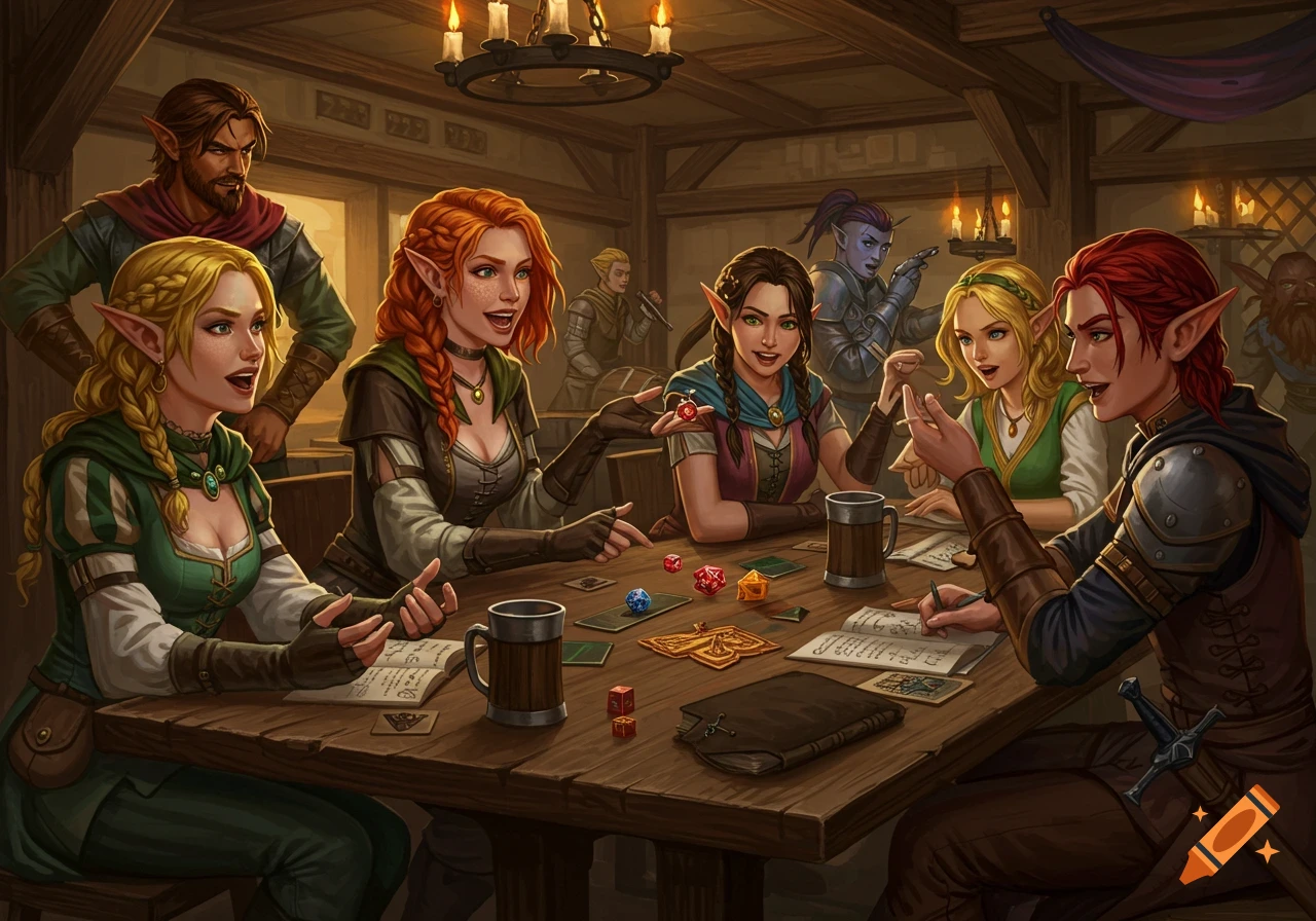 Fantasy characters, including elves, play a tabletop game with dice and rulebooks around a table in a medieval tavern.
