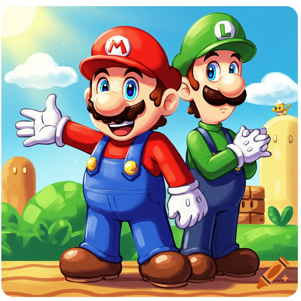 Cartoon illustration of Mario and Luigi standing in a bright landscape with pipes and clouds