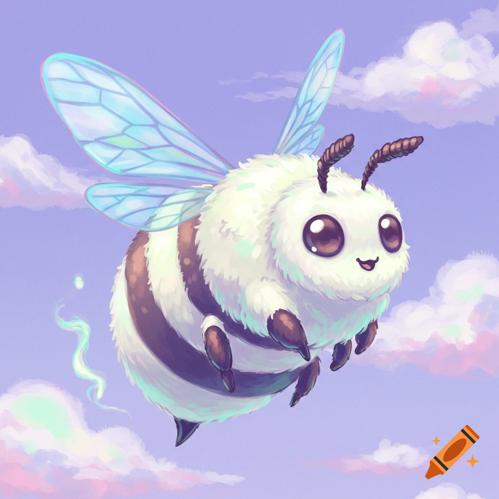 A chunky white and brown bee with glowing wings flies in a pastel cloudy sky.