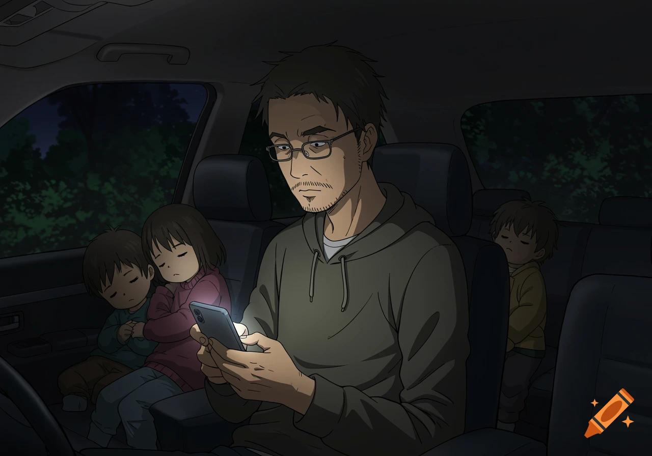 Anime man looks at phone in dark car with sleeping children in the back seat.