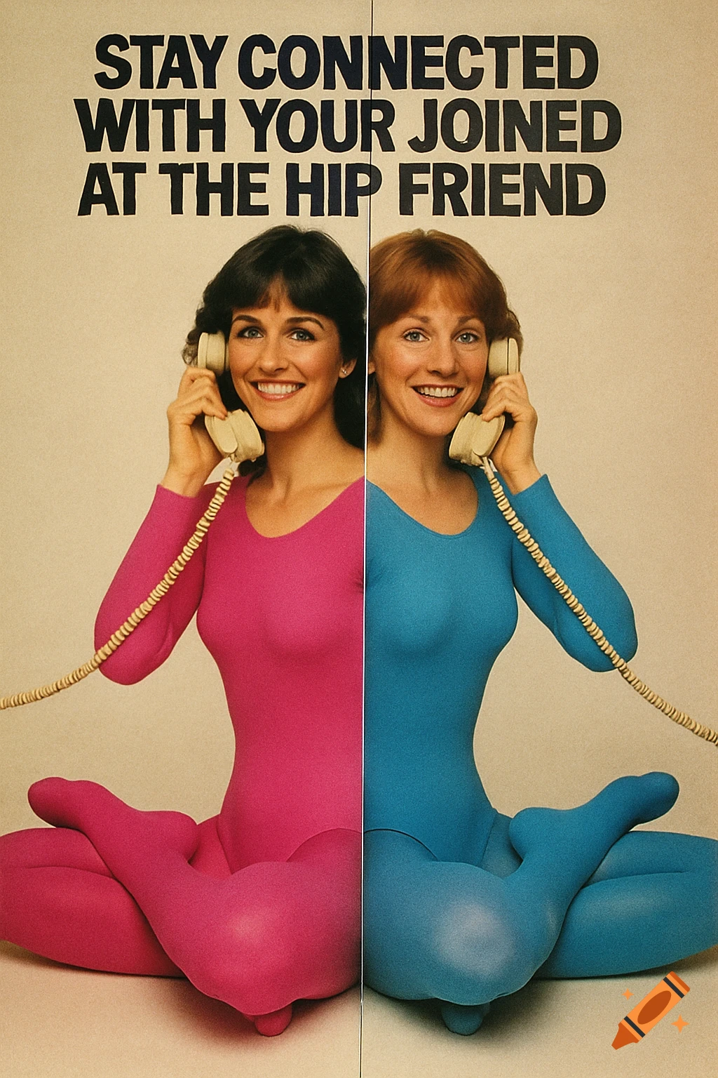 Vintage ad of two women merged together, in leotards and tights, sitting with phones. Text: 'Stay connected with your joined at the hip friend'.