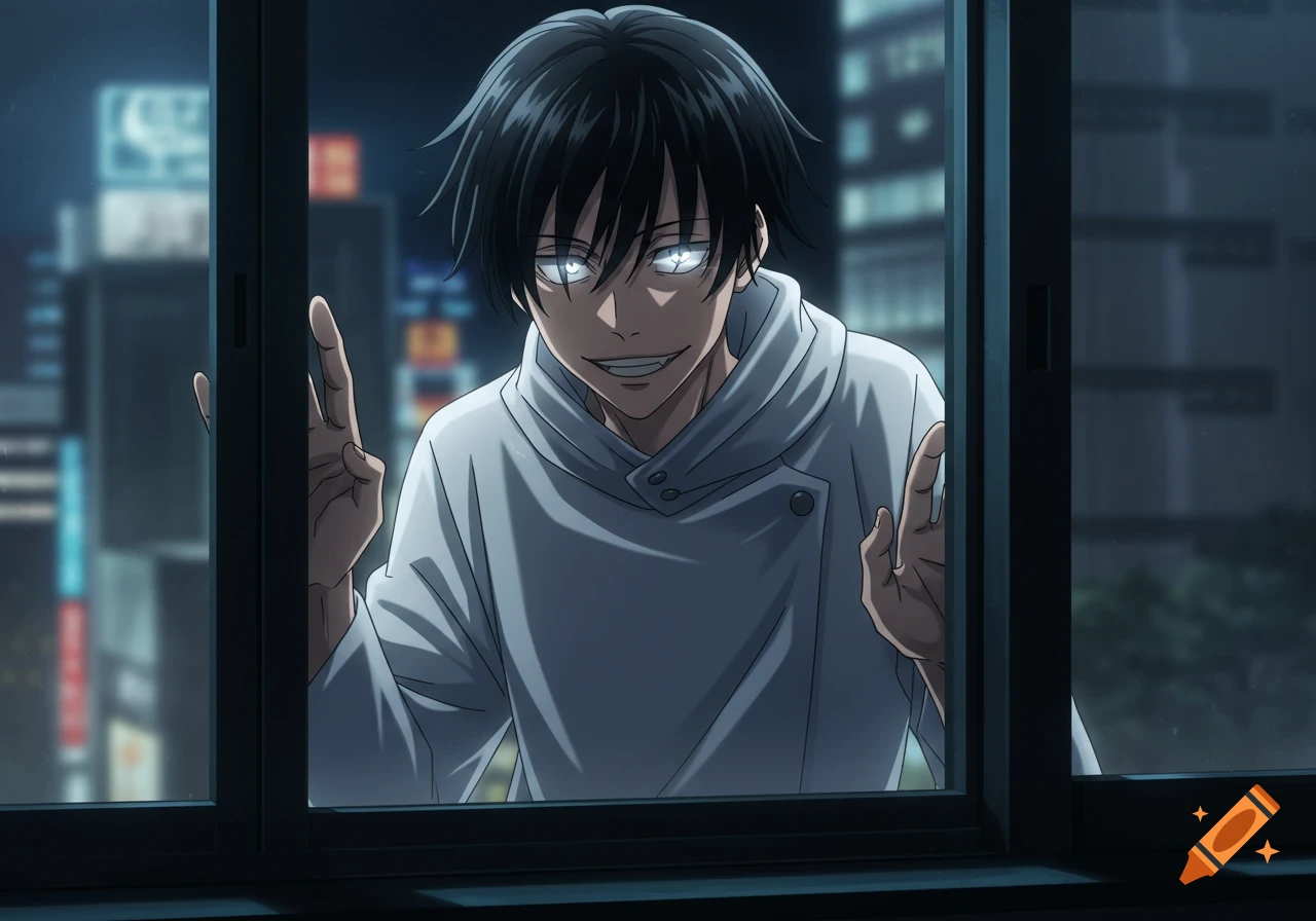 Anime character with dark hair and glowing eyes grinning through a window at night.