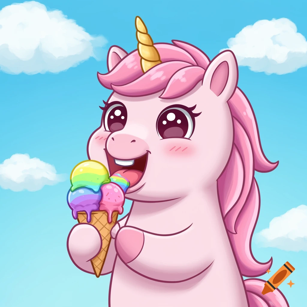 A cute cartoon pink unicorn happily eating rainbow ice cream.