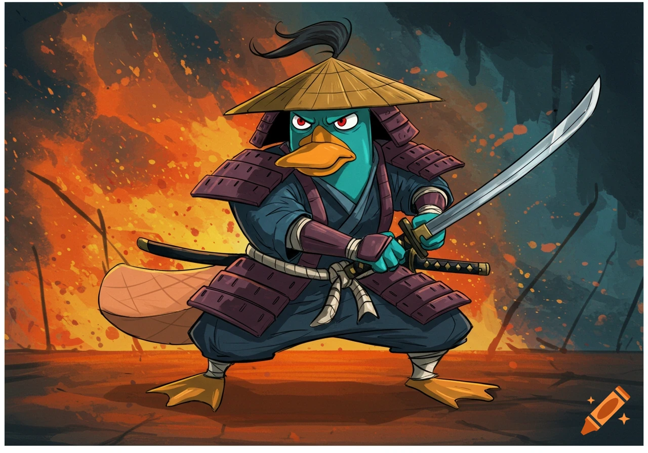 Cartoon platypus character Perry as a samurai holds a sword
