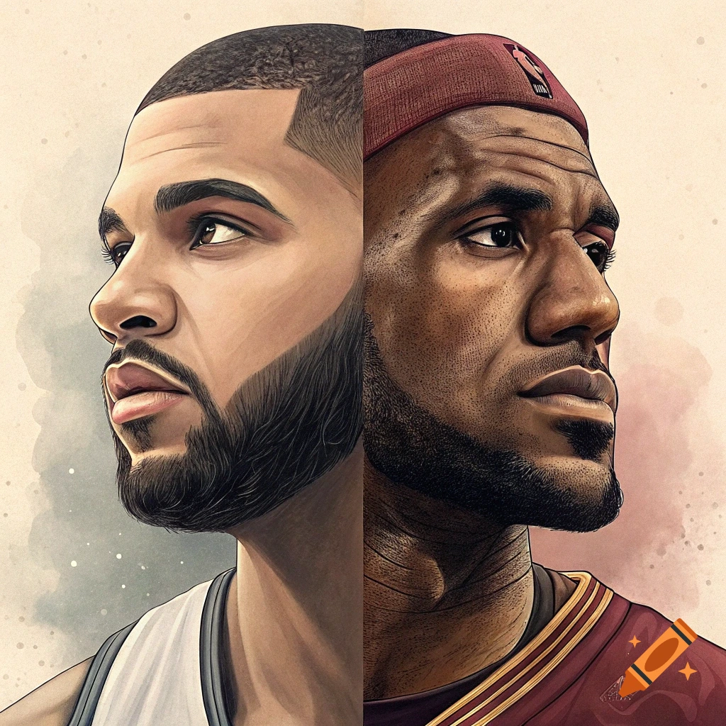Split portrait blending the faces of Drake and LeBron James in a stylized art style.