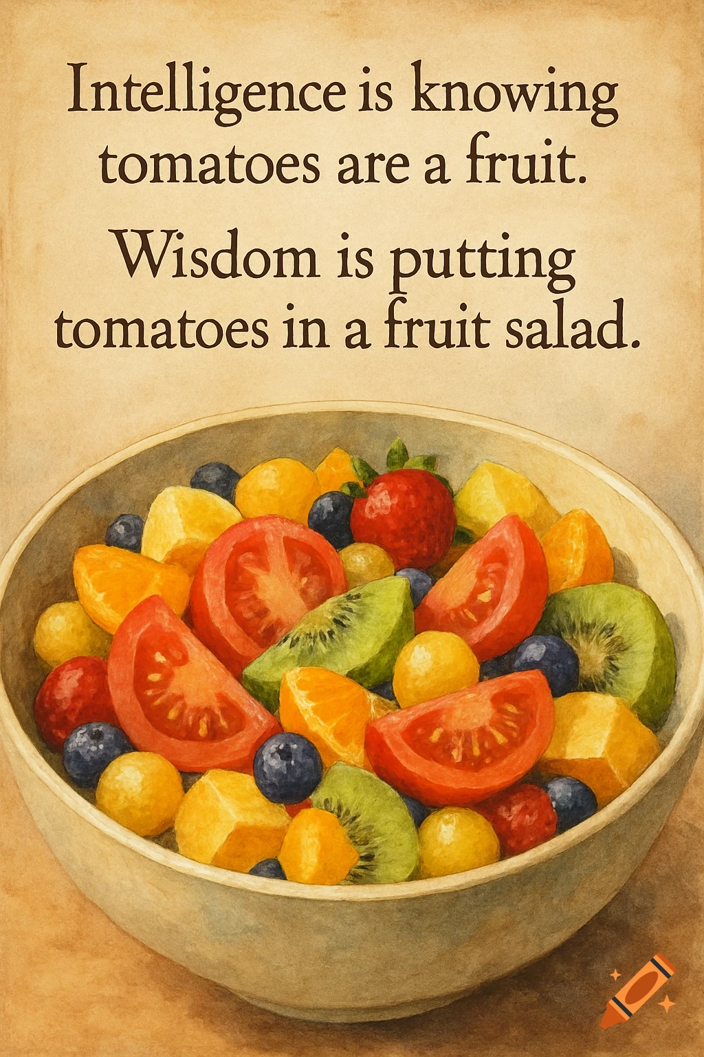 Watercolor of a fruit salad with tomatoes and a quote.