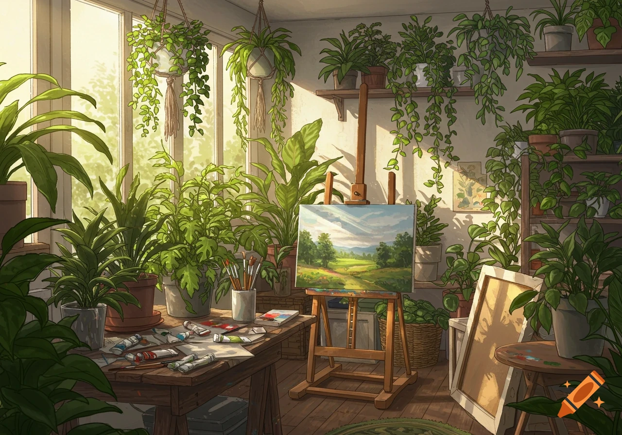 An art room filled with many potted and hanging plants, featuring an easel with a landscape painting.