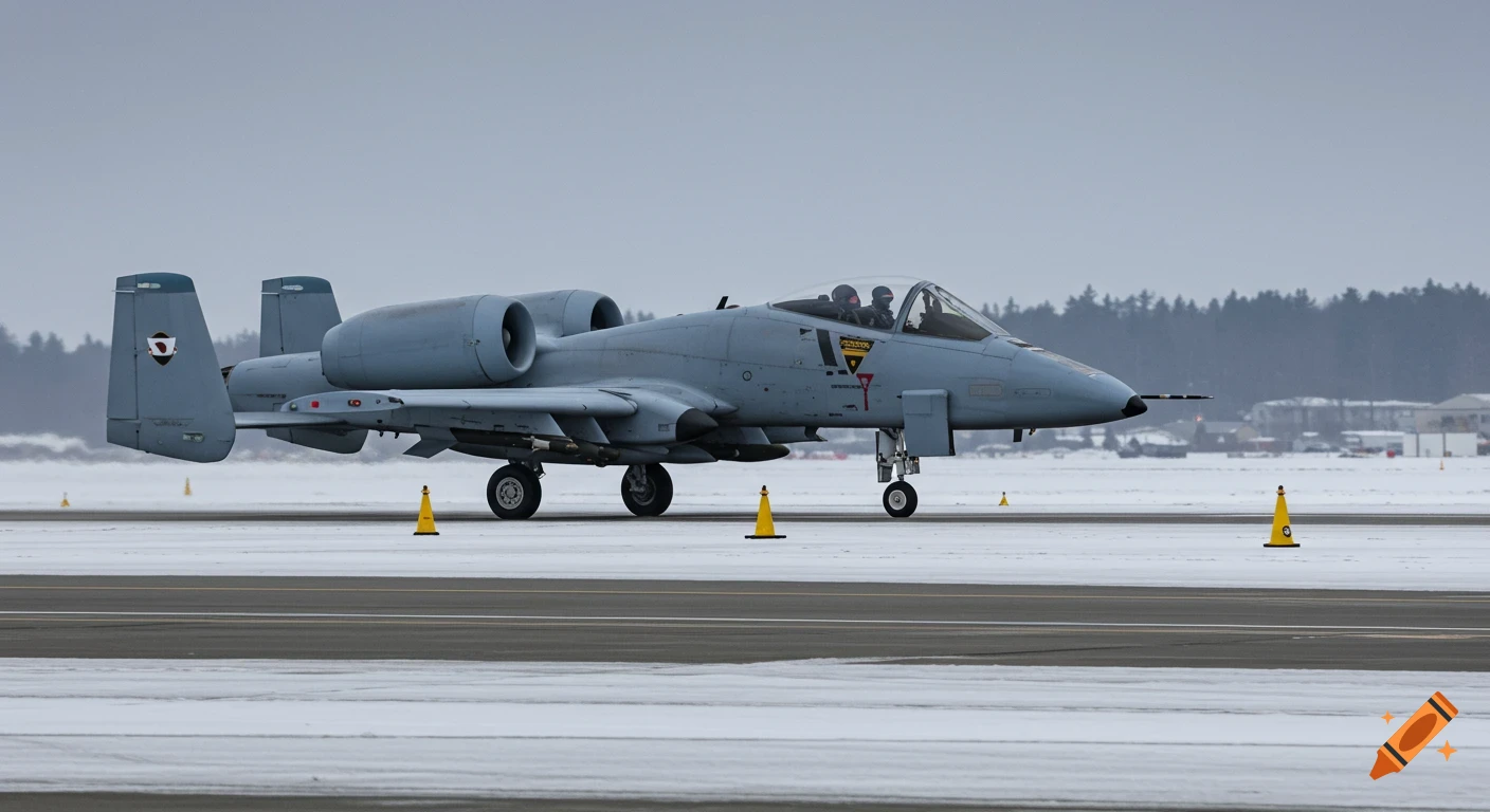 An A-10 Warthog aircraft sits on a snowy runway.