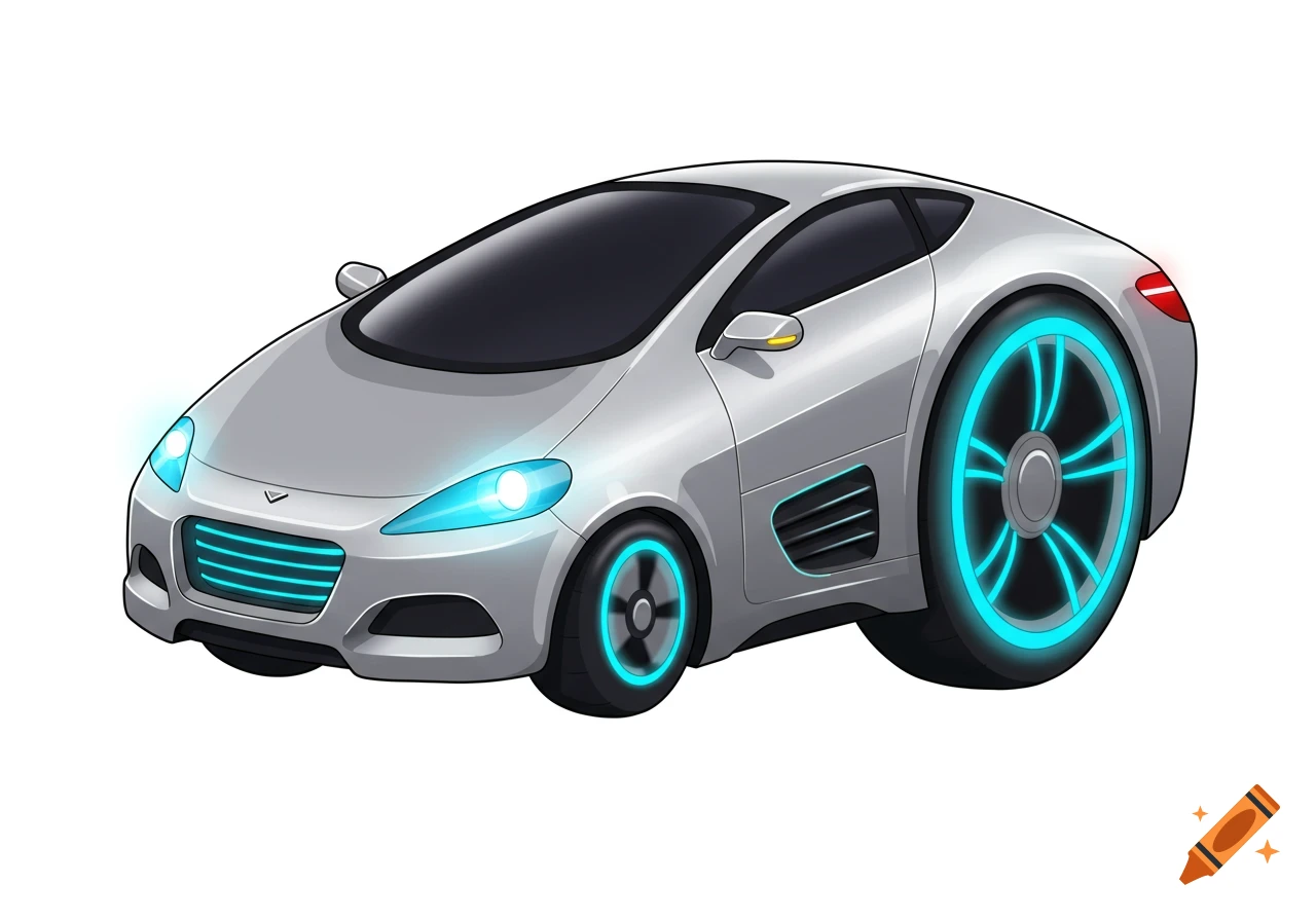 Clipart illustration of a futuristic silver car with glowing blue wheels and headlights.