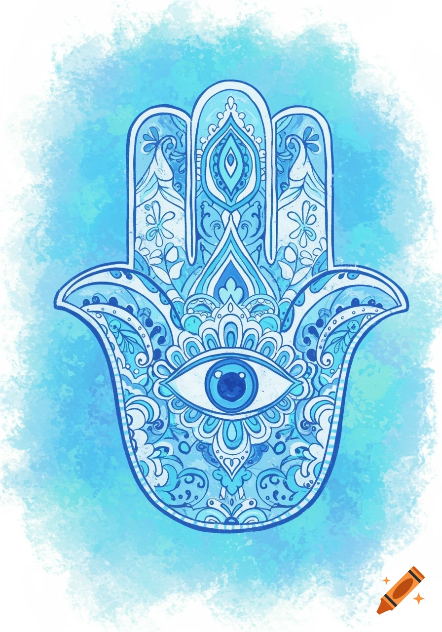 A blue and white decorative Hamsa hand with an eye on a textured blue background in a watercolor style.