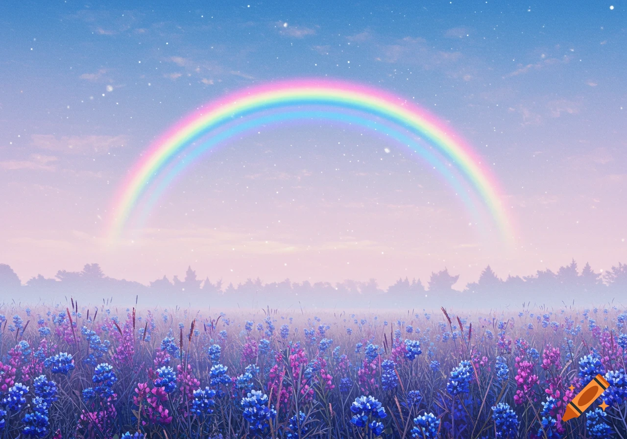 A vibrant rainbow arches over a field of purple and blue flowers under a pastel sky with faint stars.